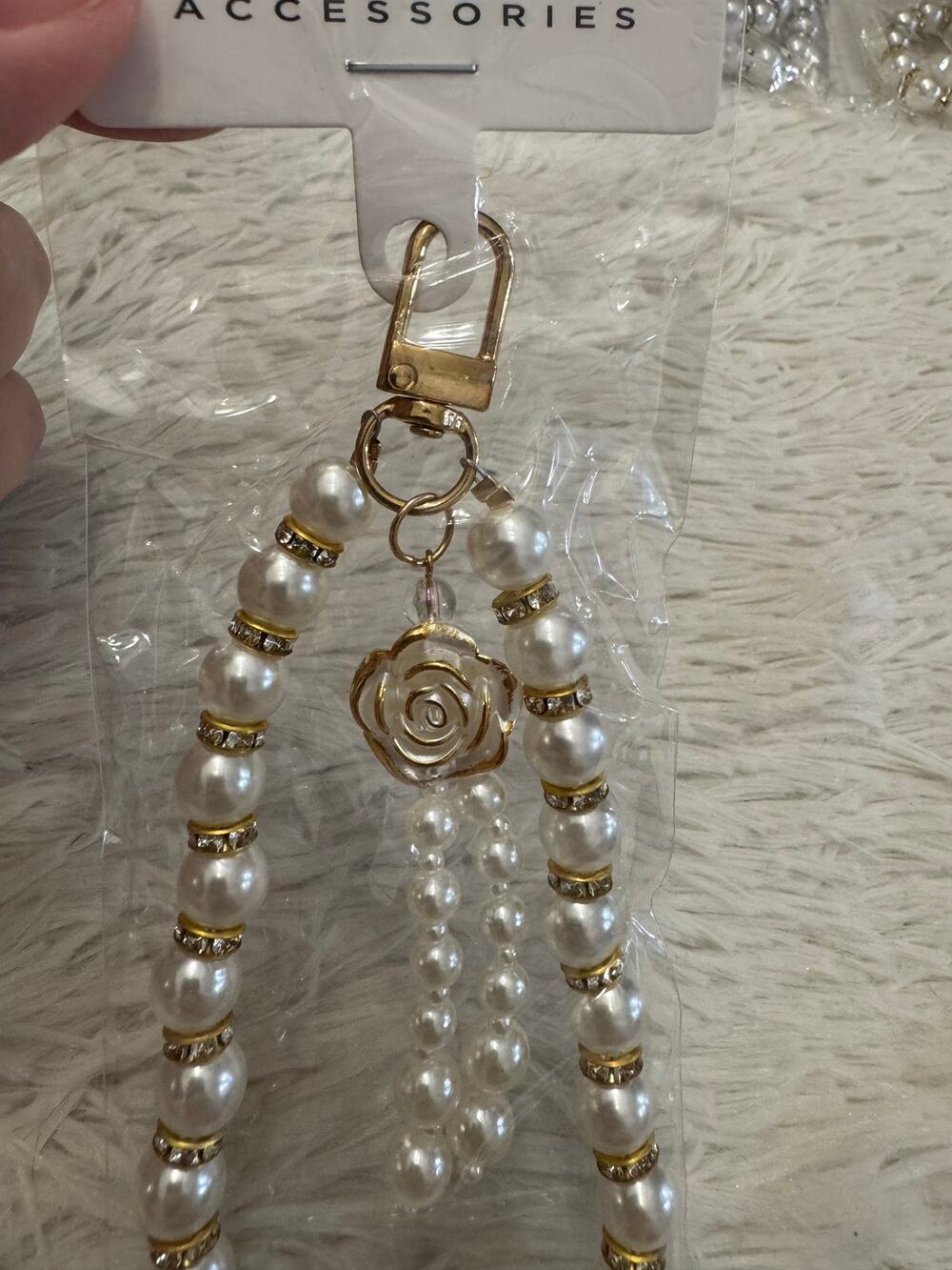 White pearl with gold accents and rhinestones rose keychain bag charm
